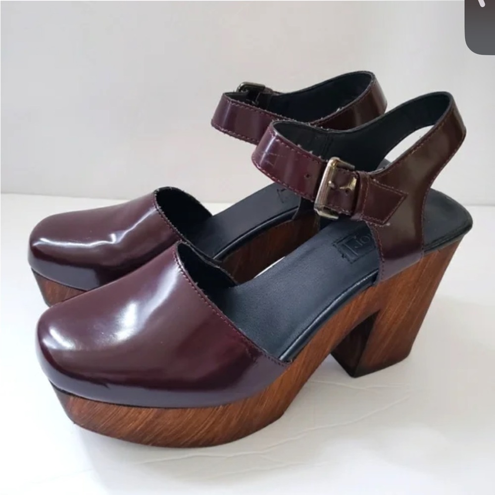 Topshop Buckle Burgundy Wooden Platform Heels
